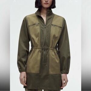 New Zara Mini Utility Military Contrast Khaki Dress Small 2449/044